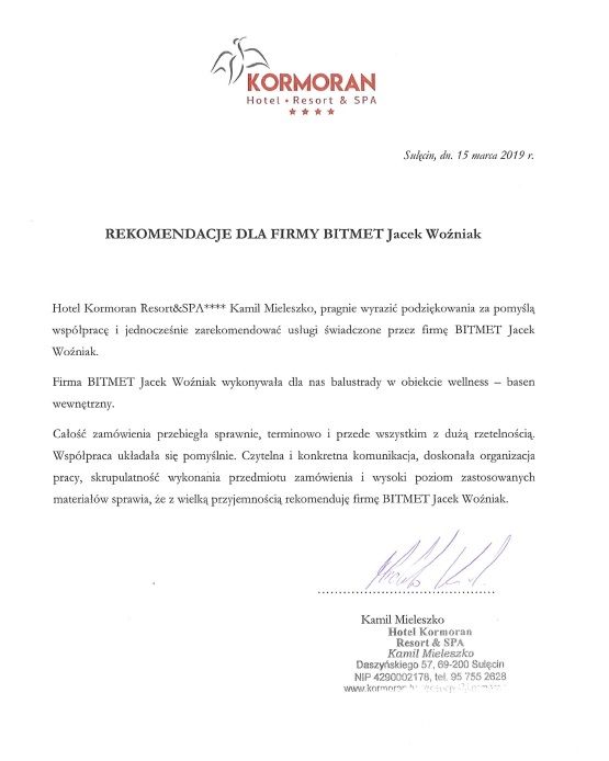 List referencyjny dla BITMET Jacek Woźniak